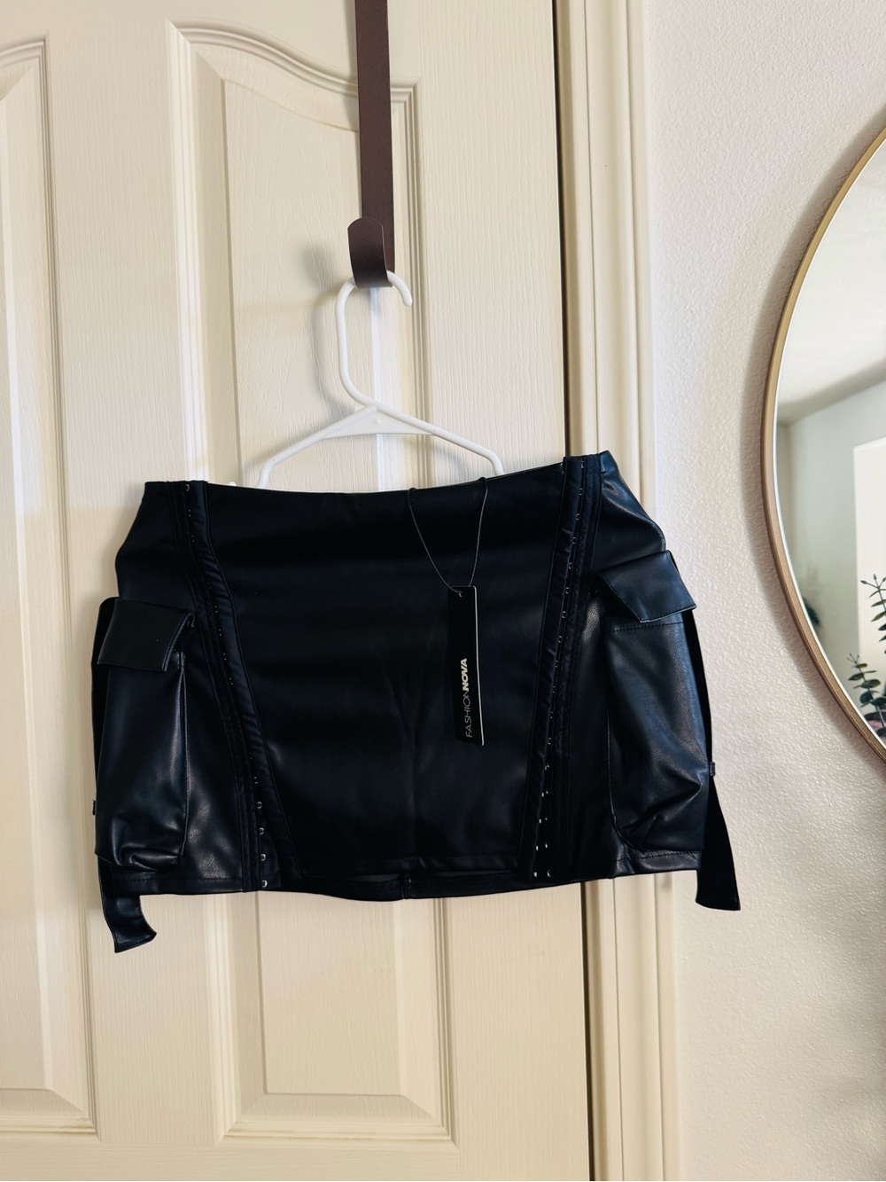 Fashion Nova Black Faux Leather Mini Skirt with Side Utility Pockets
